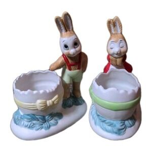 Vintage Pair Of Easter Bunny Rabbit Egg Cups Ceramic Boy And Girl Interpur